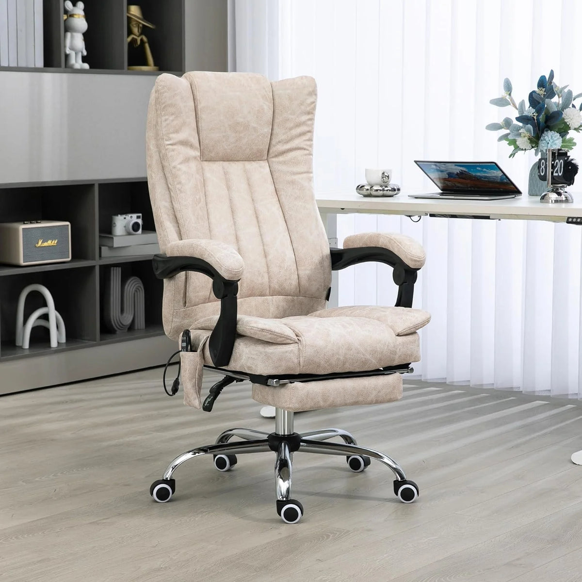 Cream White Microfiber High Back Office Chair with Massage and Footrest P4535