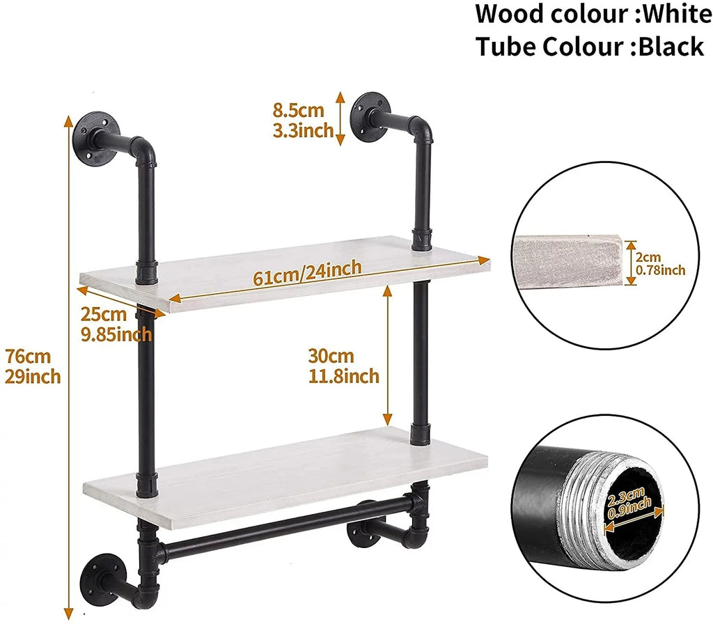 Industrial Pipe Shelving with Towel Bar, 2 Tier 24 inch White U6005