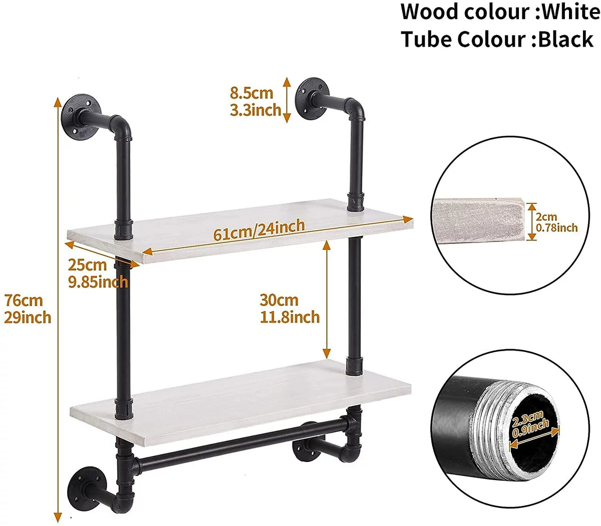Industrial Pipe Shelving with Towel Bar, 2 Tier 24 inch White U6005