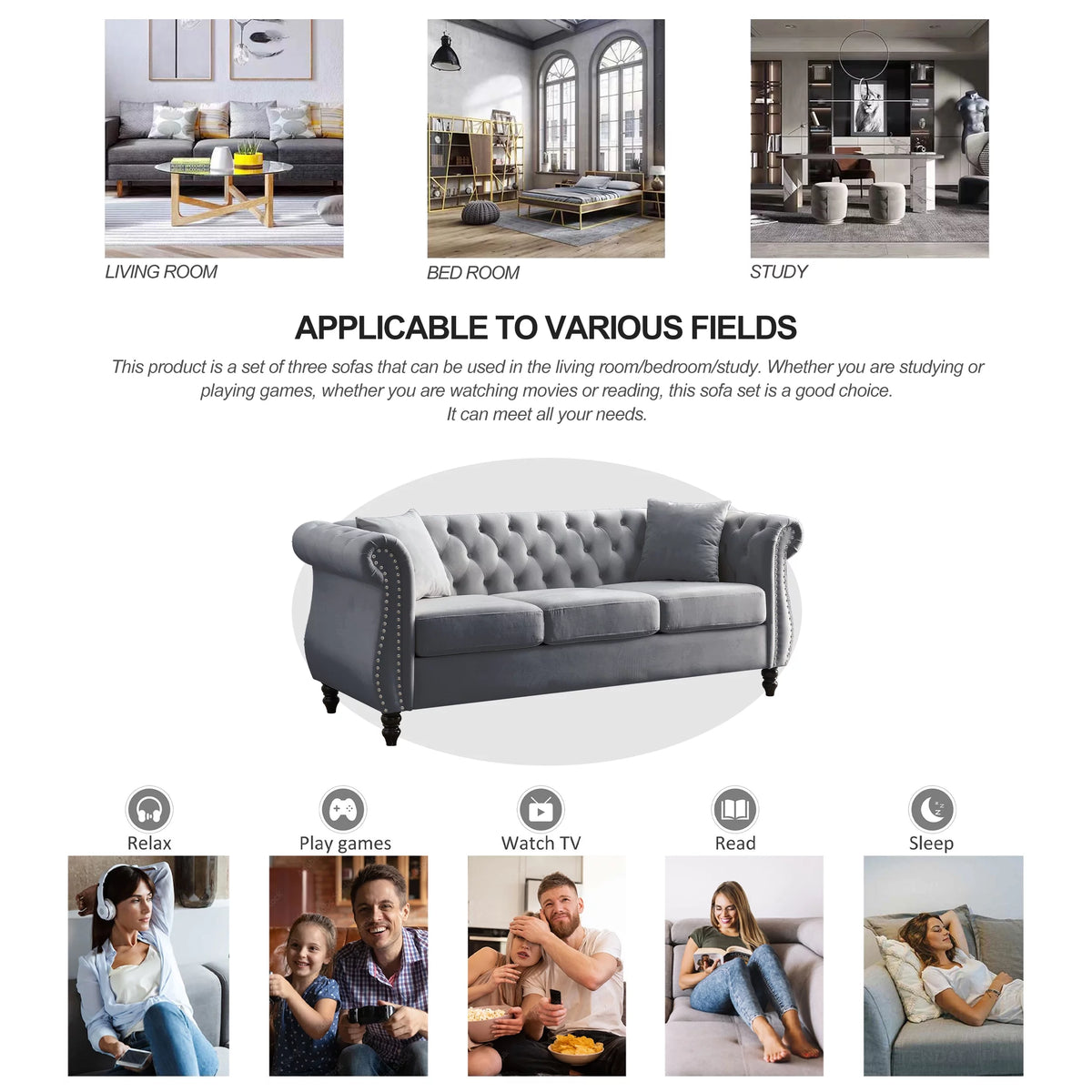 80" 3-Seater Velvet Chesterfield Sofa with 2 Pillows N1527