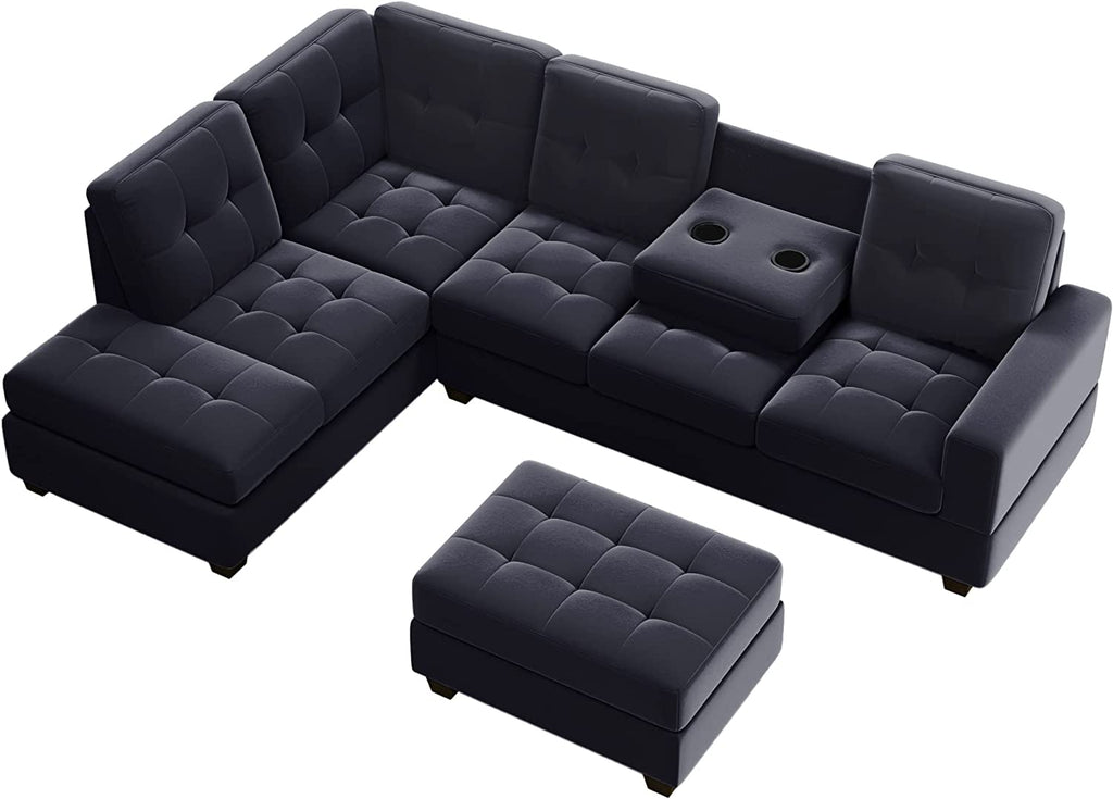 Modern Sectional Sofa with Reversible Chaise, L Shaped Couch Set with Storage Ottoman and Two Cup Holders R6990