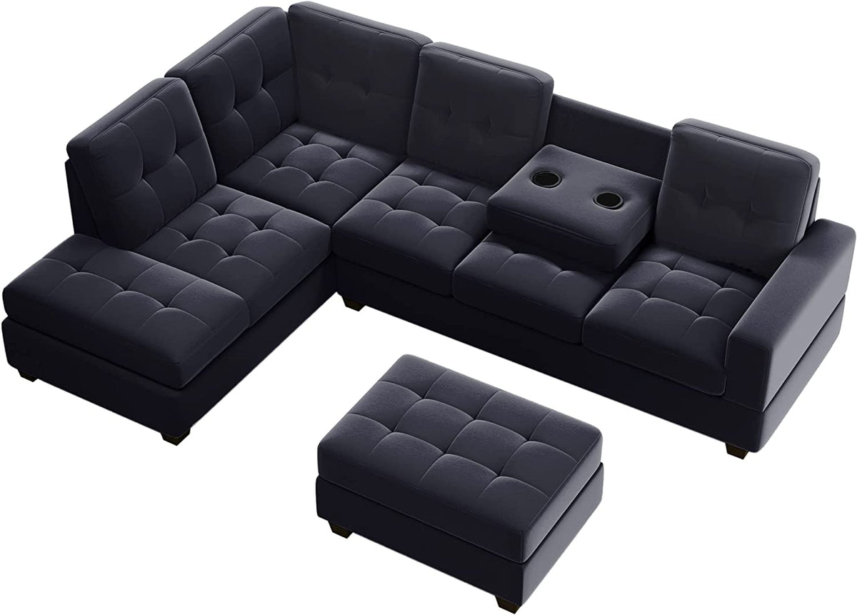 Modern Sectional Sofa with Reversible Chaise, L Shaped Couch Set with Storage Ottoman and Two Cup Holders R6990