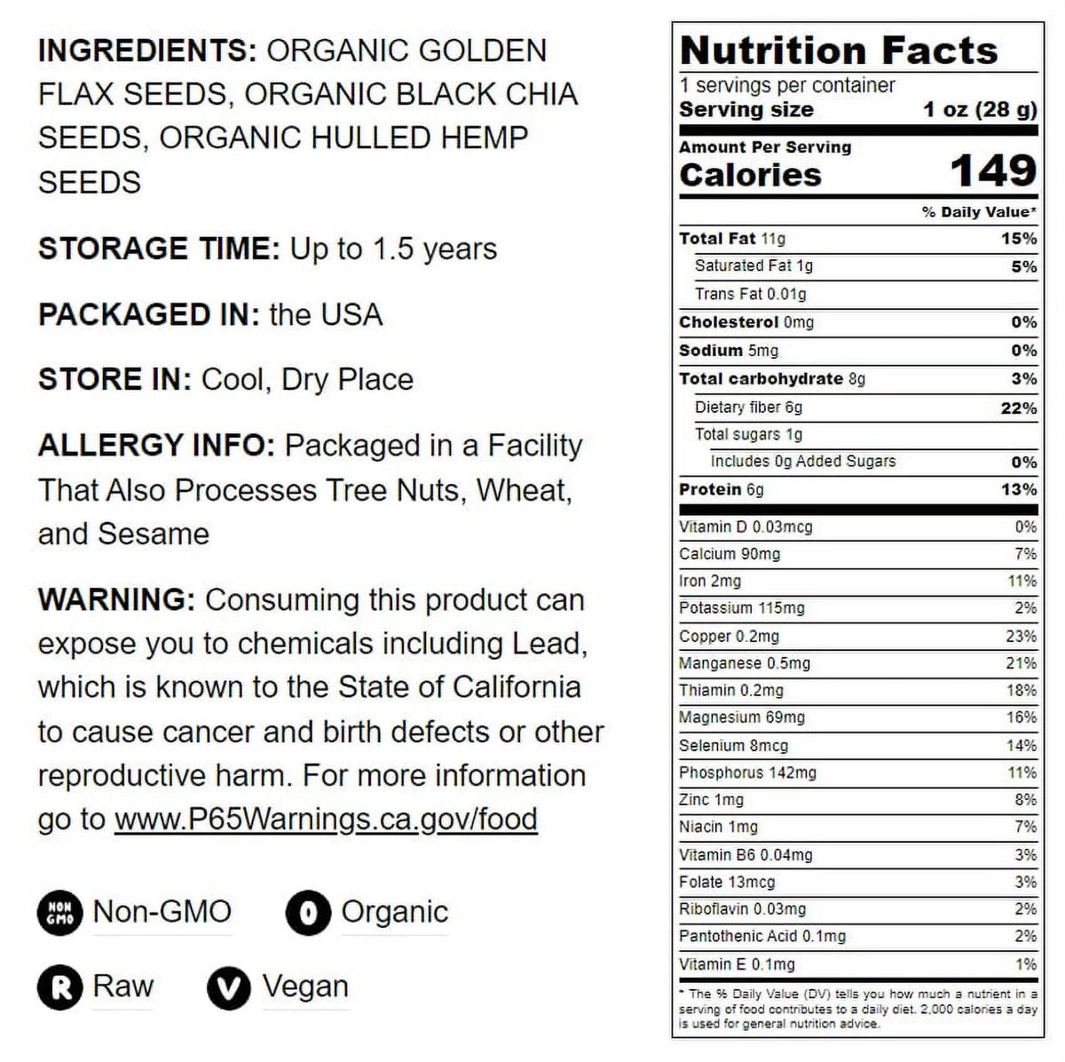 Organic Chia Flax and Hemp Seeds Mix 5 Pounds Non-GMO D637416