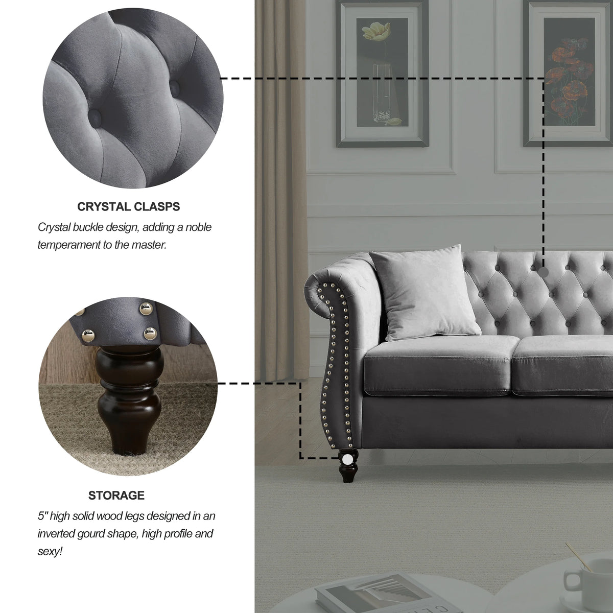 80" 3-Seater Velvet Chesterfield Sofa with 2 Pillows N1527