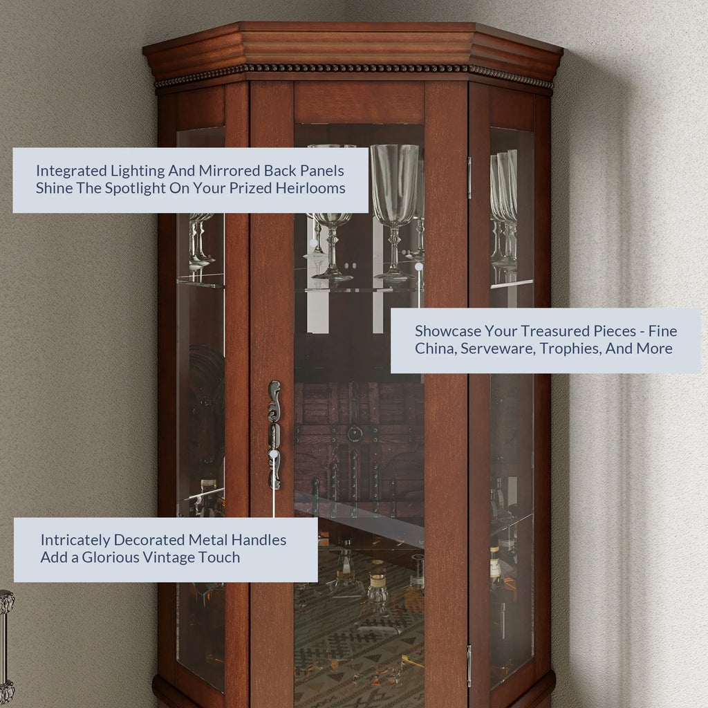 Walnut 5 Sided Lighted Corner Curio Cabinet Q758