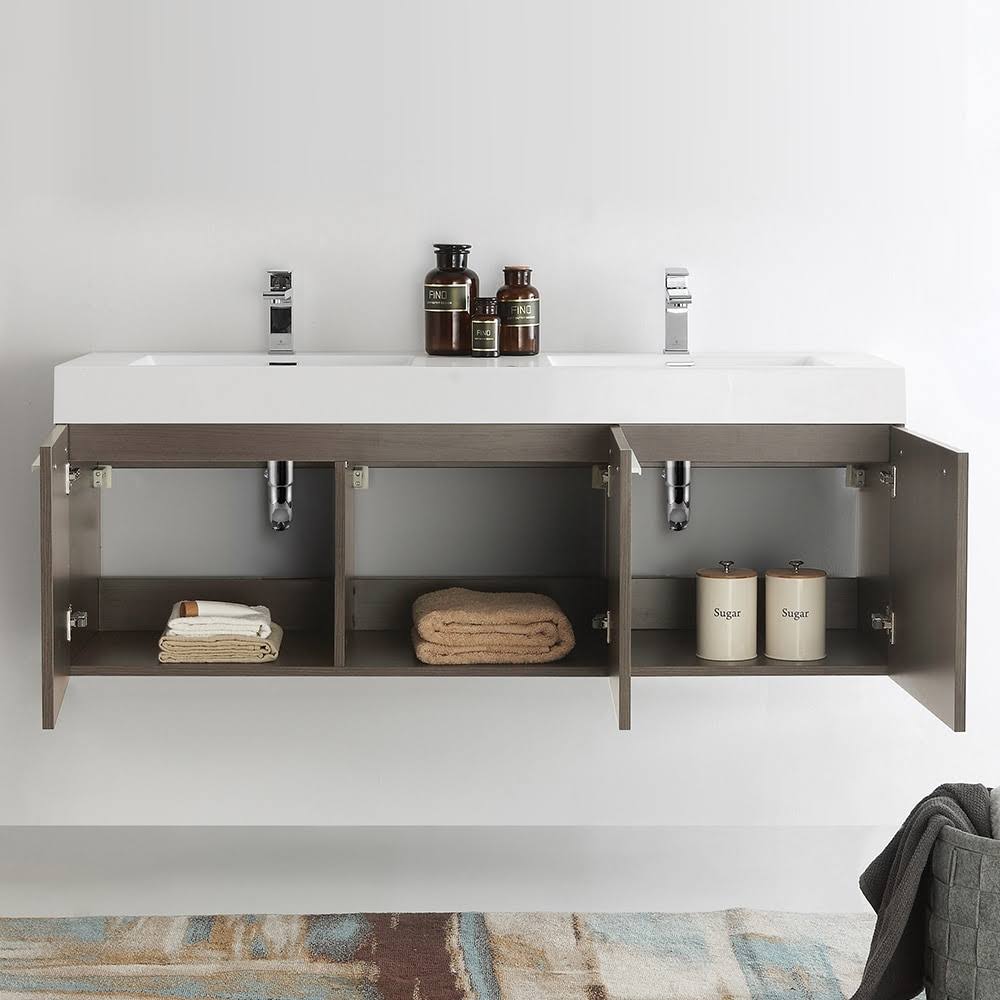 Gray Oak Double Bathroom Wall Hung Vanity Cabinet Q914758