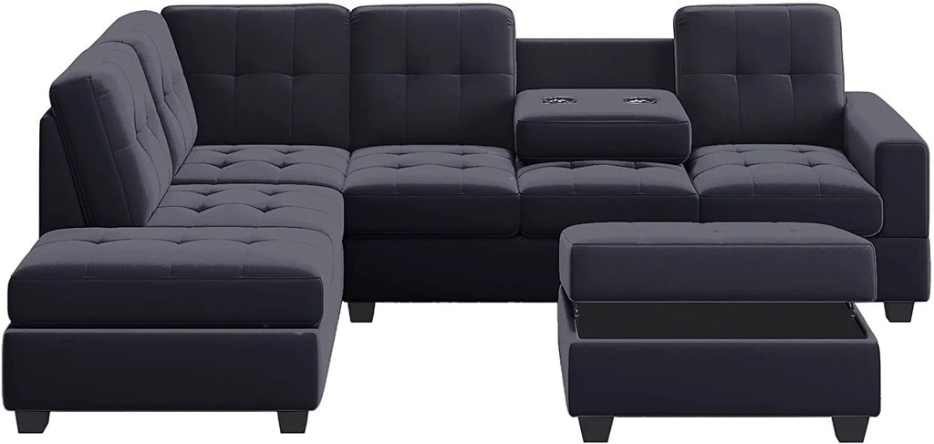 Modern Sectional Sofa with Reversible Chaise, L Shaped Couch Set with Storage Ottoman and Two Cup Holders R6990