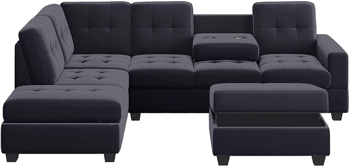 Modern Sectional Sofa with Reversible Chaise, L Shaped Couch Set with Storage Ottoman and Two Cup Holders R6990